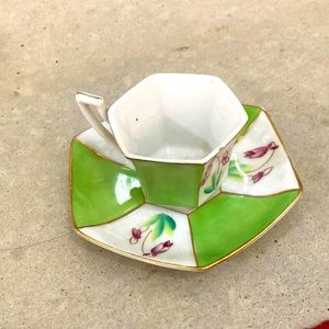 Antique European porcelain demitasse cup. Lime green white lily of the valley